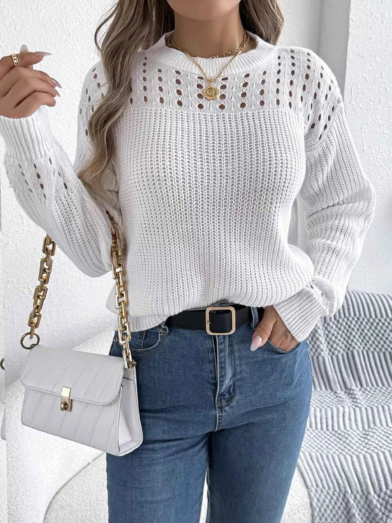 Openwork Round Neck Long Sleeve Sweater 980858e5d2bc44d3a9317a2b8c81d479-Max-Origin