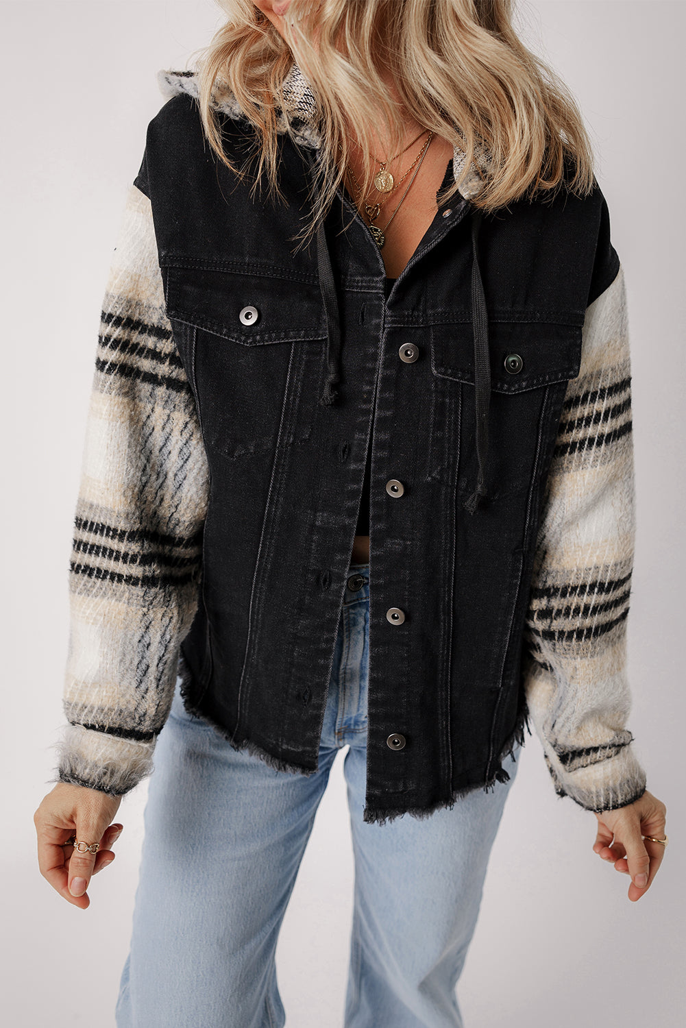 Black Patchwork Plaid Sleeve Frayed Hem Hooded Denim Jacket 980ed52104be12d6