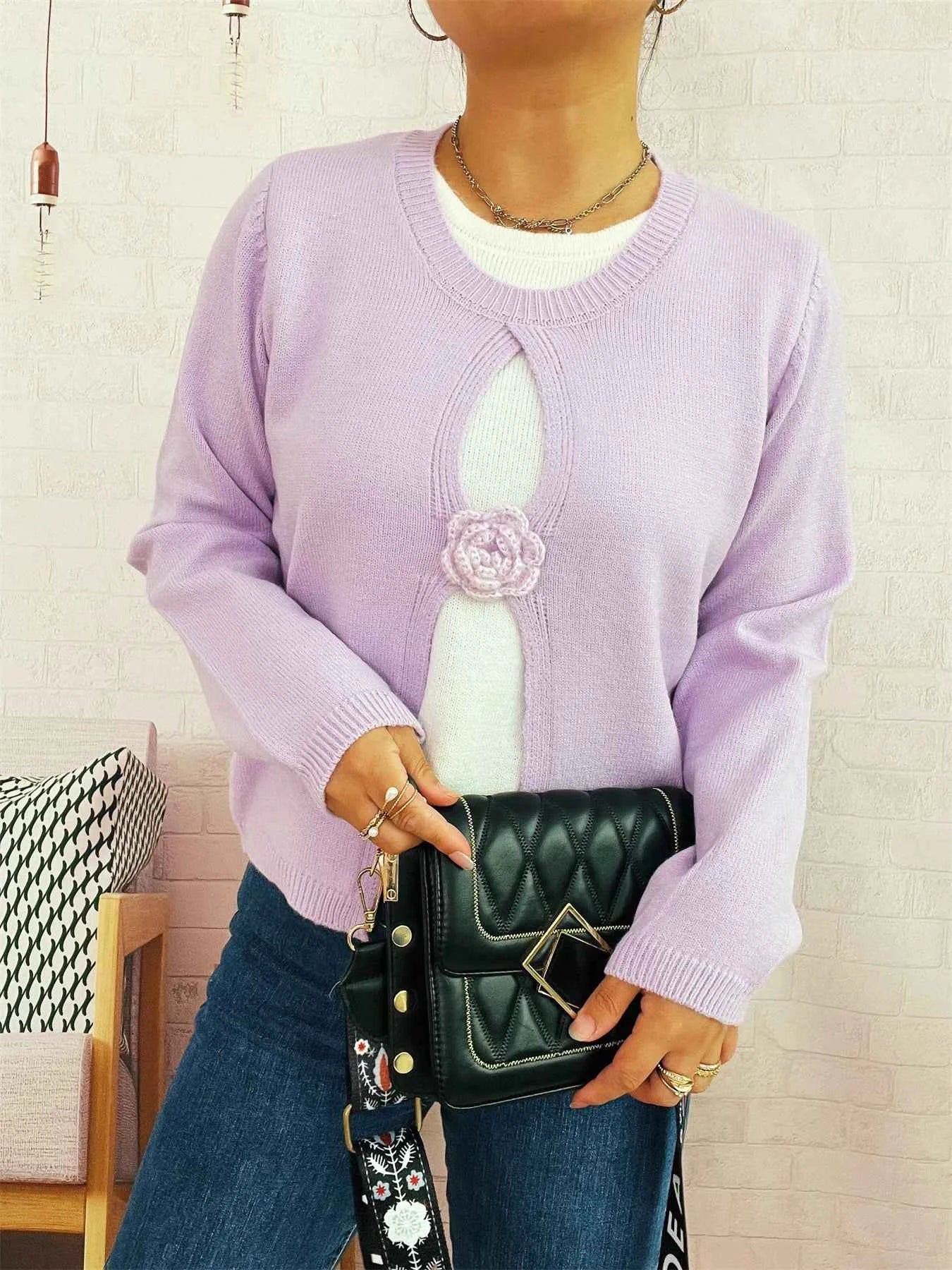 Flower Contrast Round Neck Sweater 9814c4f4e5d948b980727375fac49c5a-Max-Origin