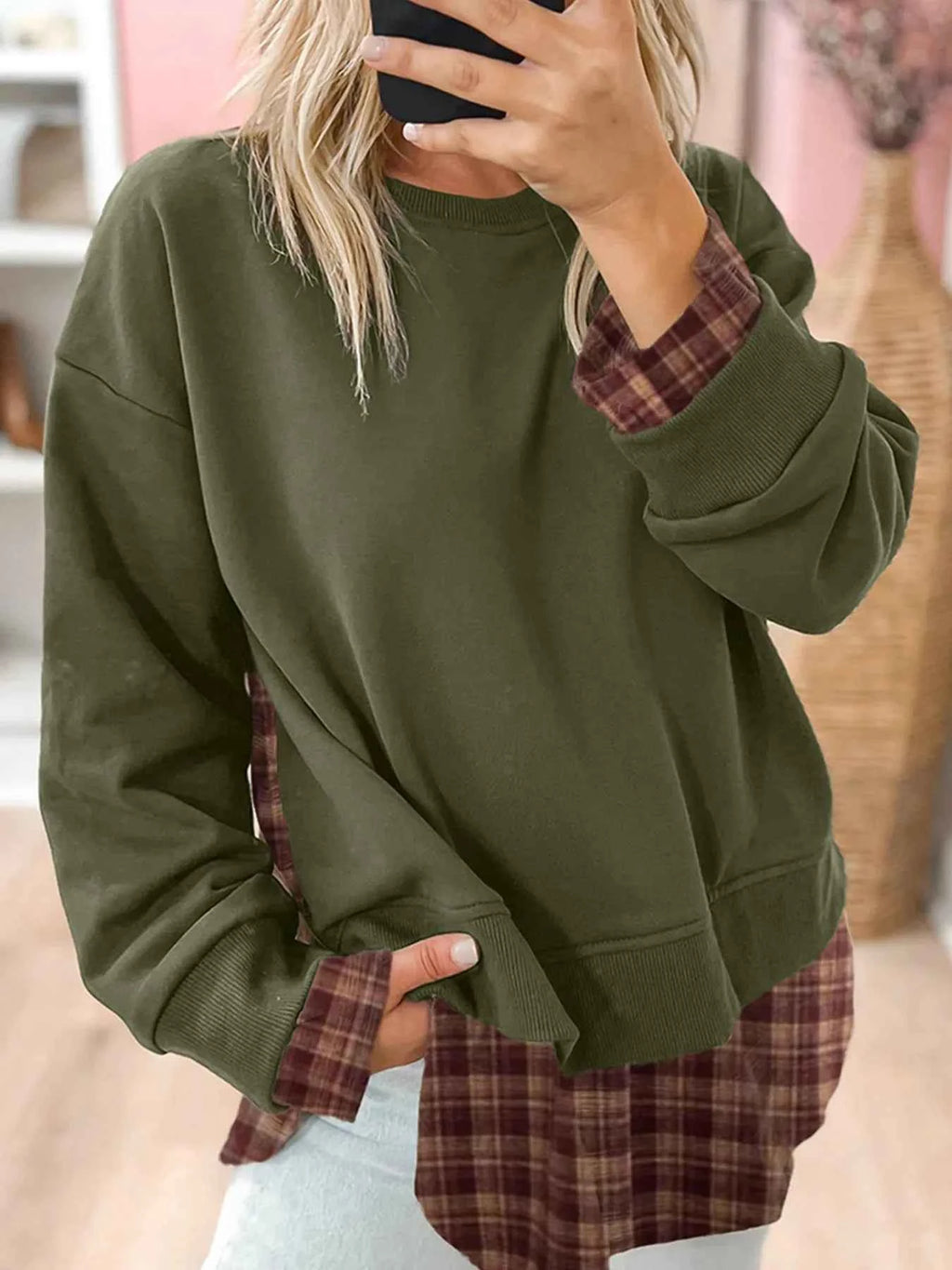 Plaid Patchwork Drop Shoulder Sweatshirt 98308a41f75146d198f9355ee410b29a-Max-Origin