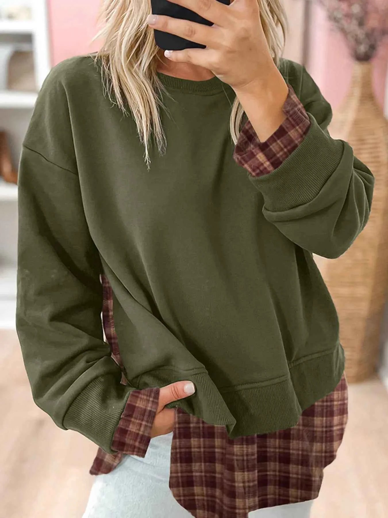 Plaid Patchwork Drop Shoulder Sweatshirt 98308a41f75146d198f9355ee410b29a-Max-Origin