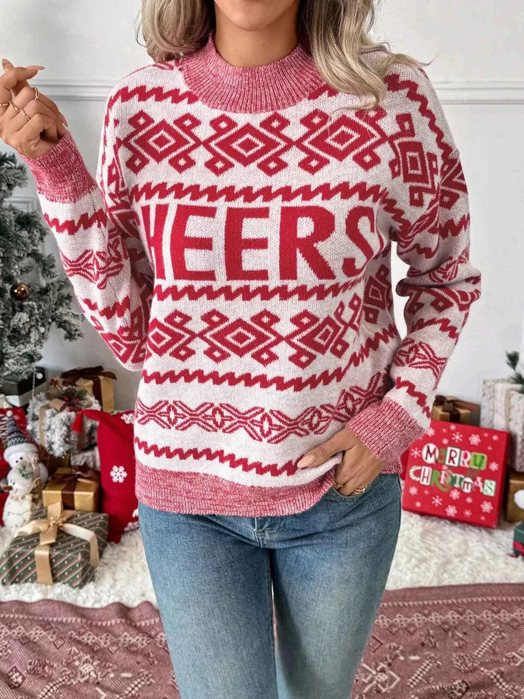 CHEERS Christmas Round Neck Long Sleeve Sweater 98356599754d41f39412b0493b40cc13-Max-Origin
