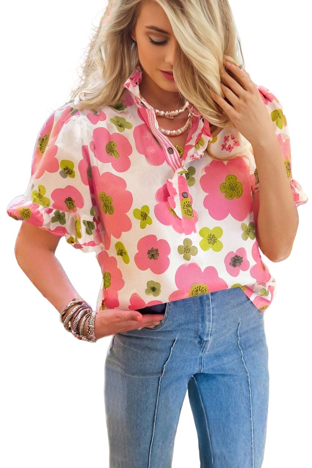 Pink Floral Ruffle Sleeve Striped Button Collar Blouse 983577b3fb1b383c-_3