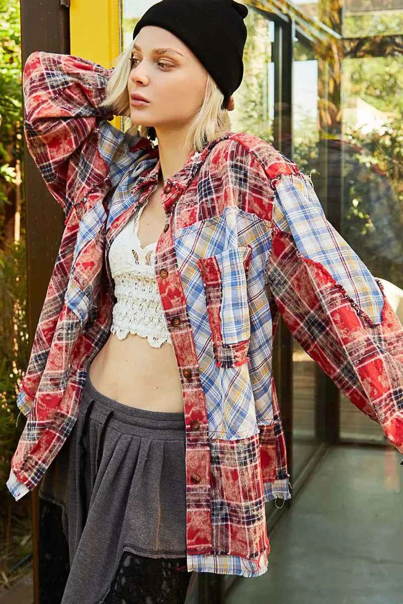 POL Plaid Patchwork Long Sleeve Shirt with Raw Edge Detail 9839884b-a480-46c8-b8e7-1c41b0c761d3-Max-Origin