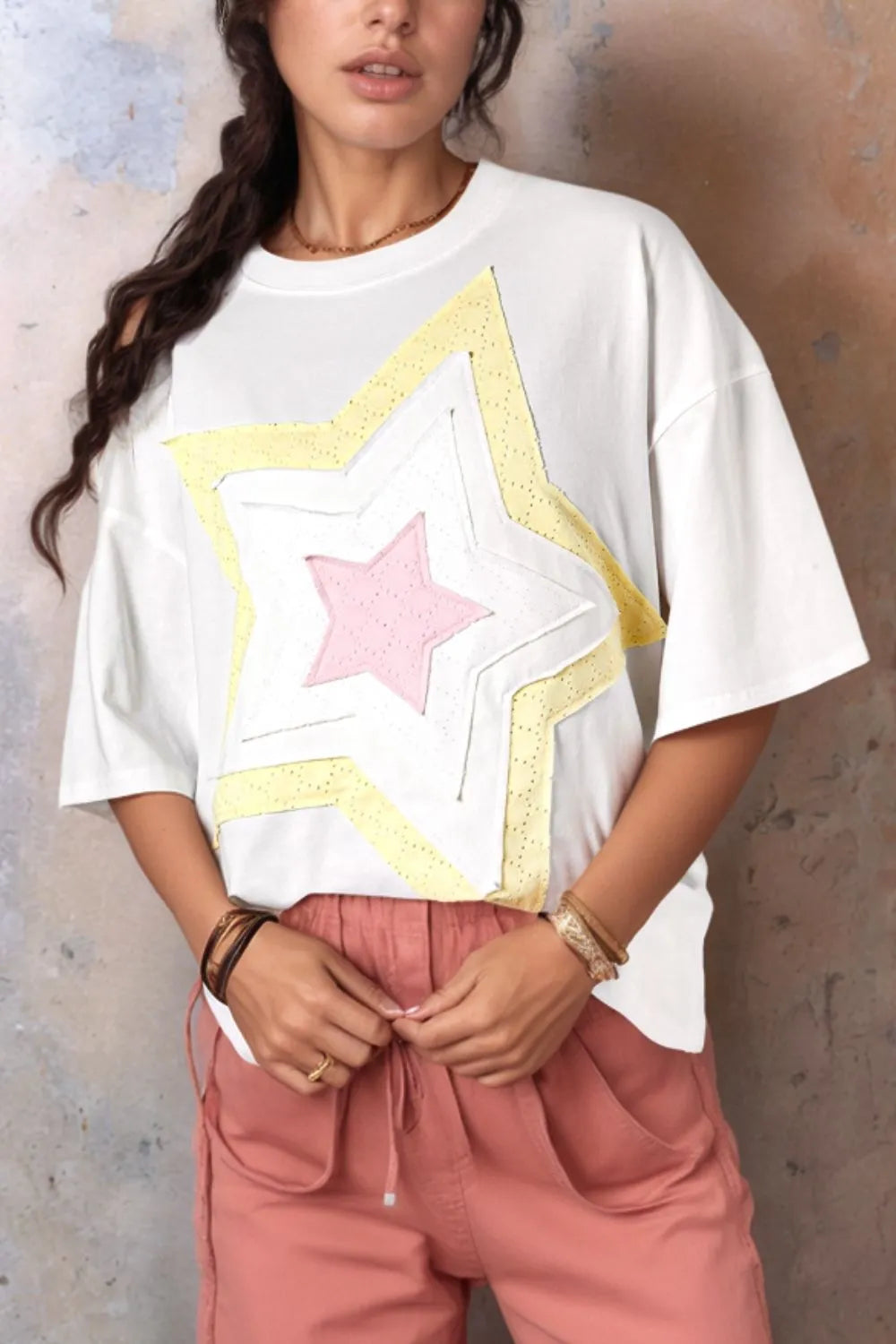 Star Layered Patched Graphic Drop Shoulder Half Sleeve Loose Tee 98413673-86c4-4221-8945-bd7f83327305-Max-Origin