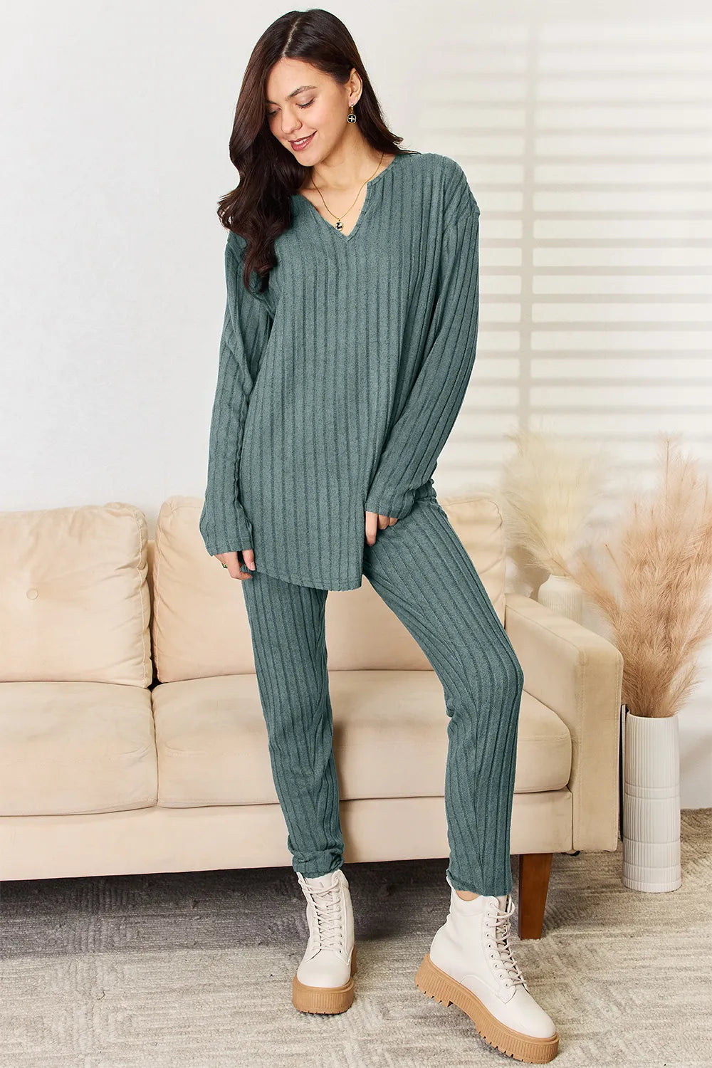 Basic Bae Full Size Notched Long Sleeve Top and Pants Set Deep Teal 98448bab-f499-46da-9831-50105739208f-Max
