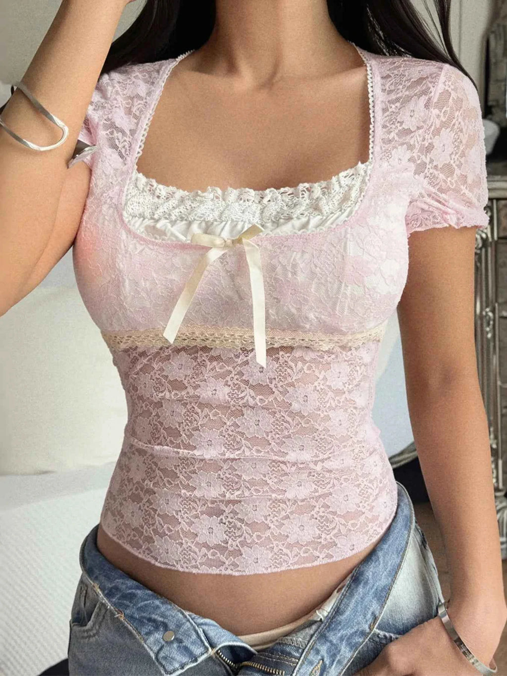 Lace Short Sleeve T-Shirt with Bow Detail Pink 984b30bddff14669bbc282b1c76905e1-Max-Origin
