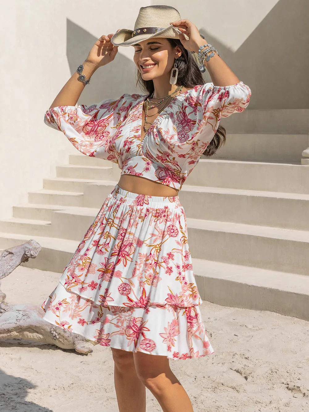 Printed Half Sleeve Top and Layered Skirt Set Blush Pink 98623eff-cca8-4692-8280-cc7405f31c02-Max