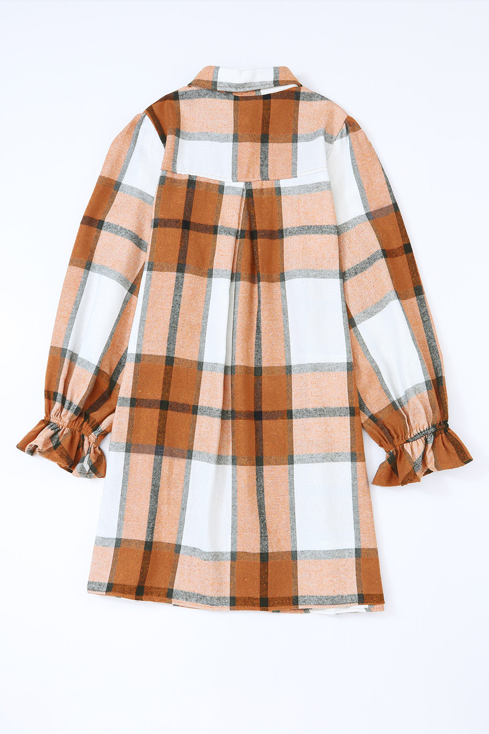 Khaki Plaid Pattern Collared Neck Ruffled Sleeve Shirt Dress 98693465cb9421d0