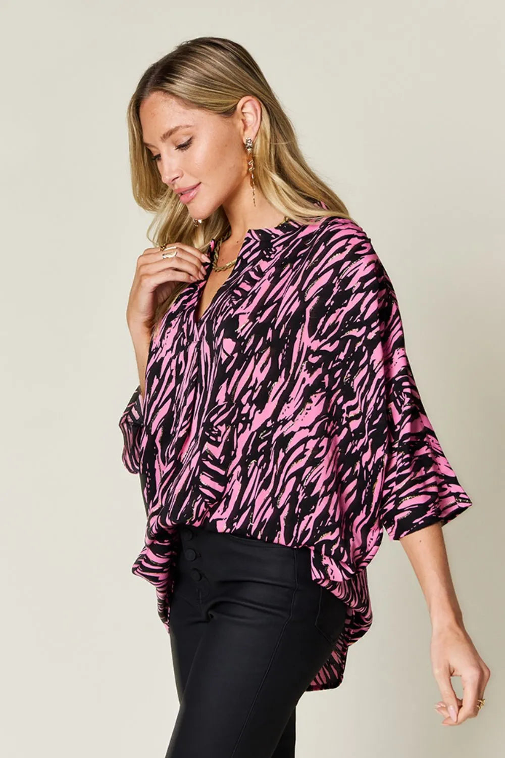 Double Take Full Size Printed Notched Three-Quarter Sleeve Blouse 986deabb-1923-4ff0-80fd-96aeb28601f7-Max
