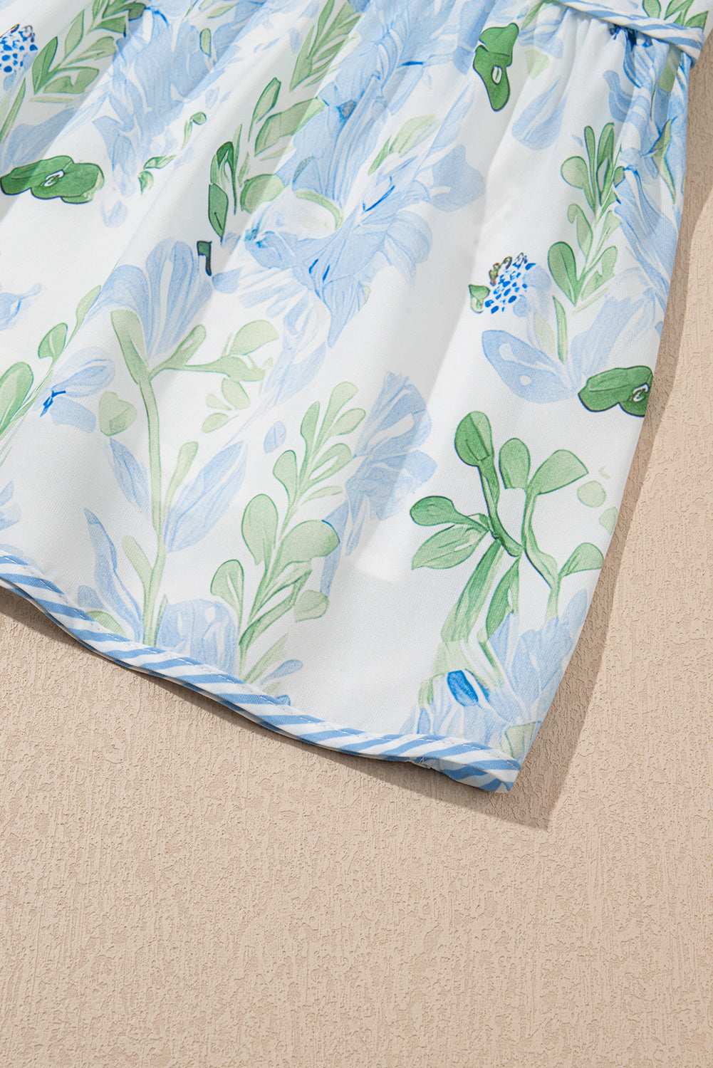 Sky Blue Floral Contrast Edge Ruffle Sleeve Tie Neck Mini Dress 98804106aafc39c5-_8