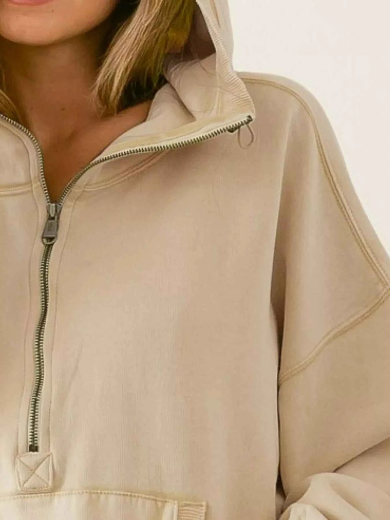 BiBi Stitch Detailed Elastic Hem Half Zip Fleece Hoodie 9883cdbf-944a-404b-95d7-b354d31d2adb-Max-Origin