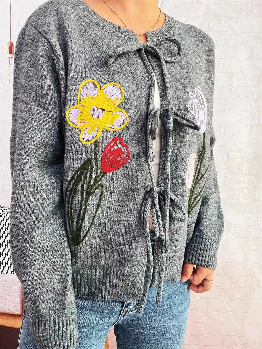 Floral Ribbed Hem Tie Front Cardigan 98943383a31442b1bb535152afdf12c4-Max-Origin