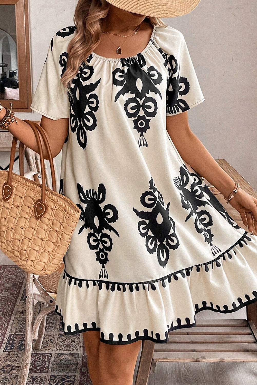 Apricot Ethnic Print Ruffle Hem Loose Mini Dress 9896792842a502e7