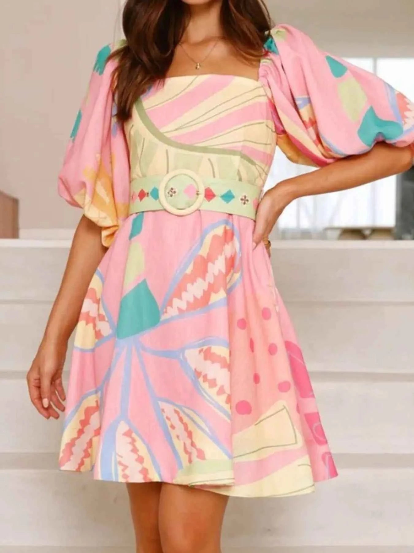 Colorful Print Belted Mini Dress with Puff Sleeves 98c4f429-e83a-4395-9686-5ae684df7aa6-Max-Origin