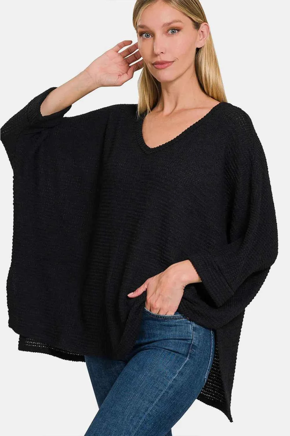 Zenana Full Size Waffle Knit V-Neck Long Sleeve Slit Top Black 98c8ded0-472a-4ae8-a552-5ad0825409f1-Max