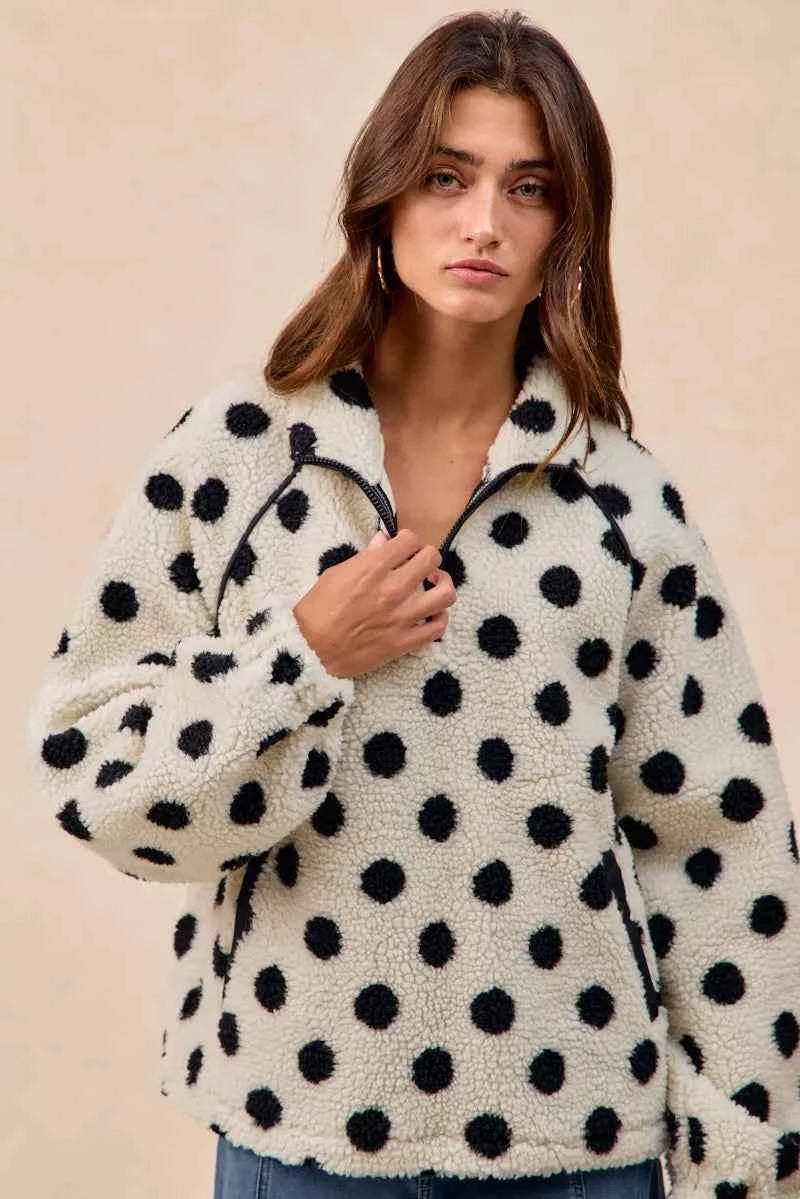 BiBi Polka Dot Sherpa Half Zip Up Top with Side Pocket 98c925ff-4317-405b-add9-14ed0342275f-Max-Origin