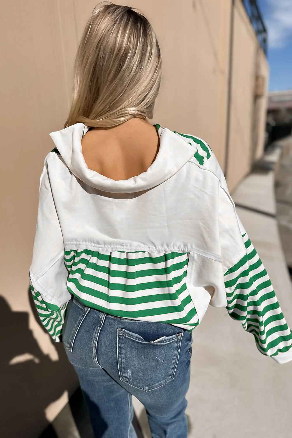 Green Striped Colorblock Patchwork Collared V Neck Cropped Pullover 98c9e7ce6e728f09
