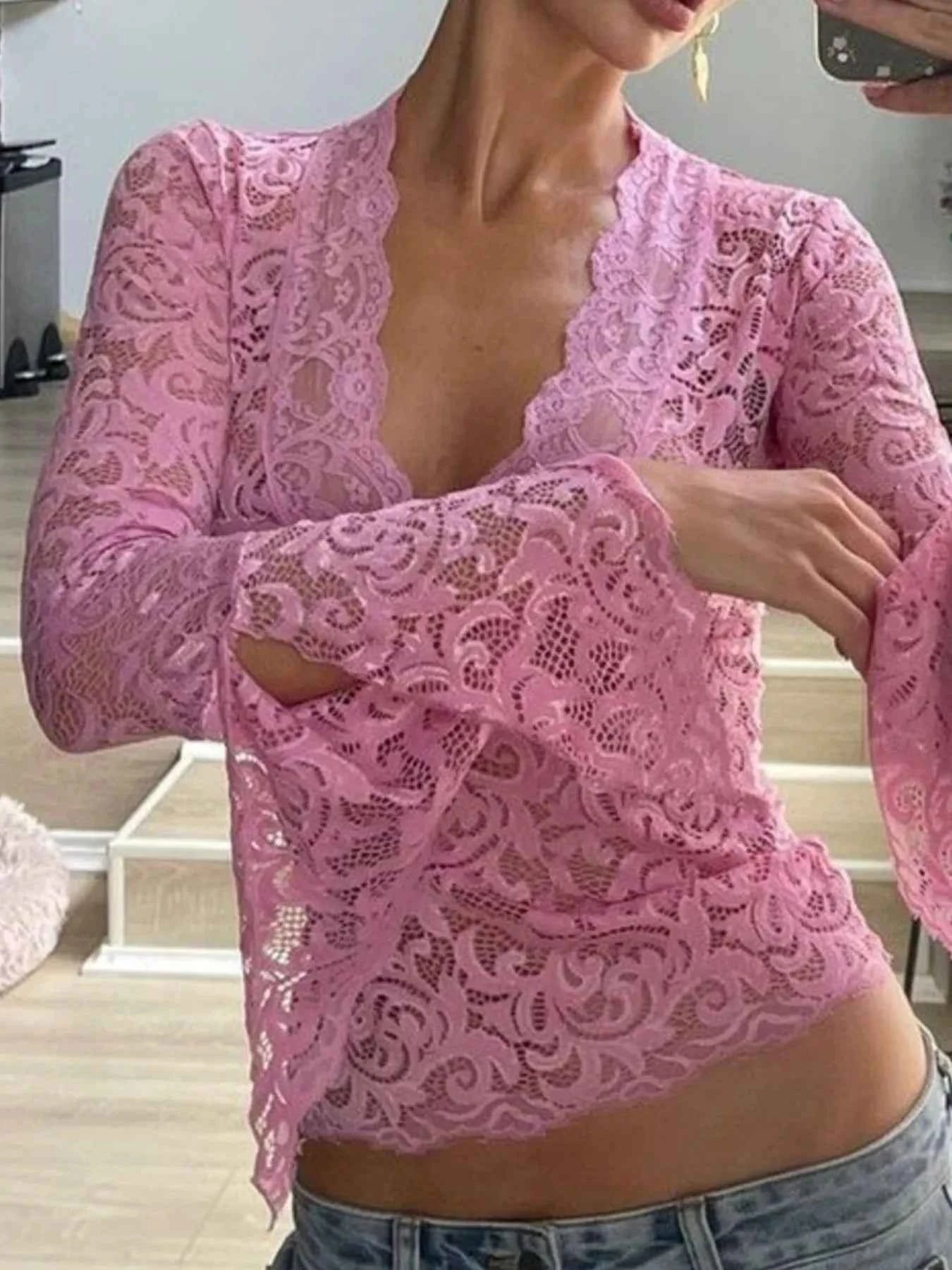 Lace Long Sleeve Deep V-Neck Blouse Pink 98ddad54-1273-4224-ae6b-4cdf8c3f8423-Max-Origin