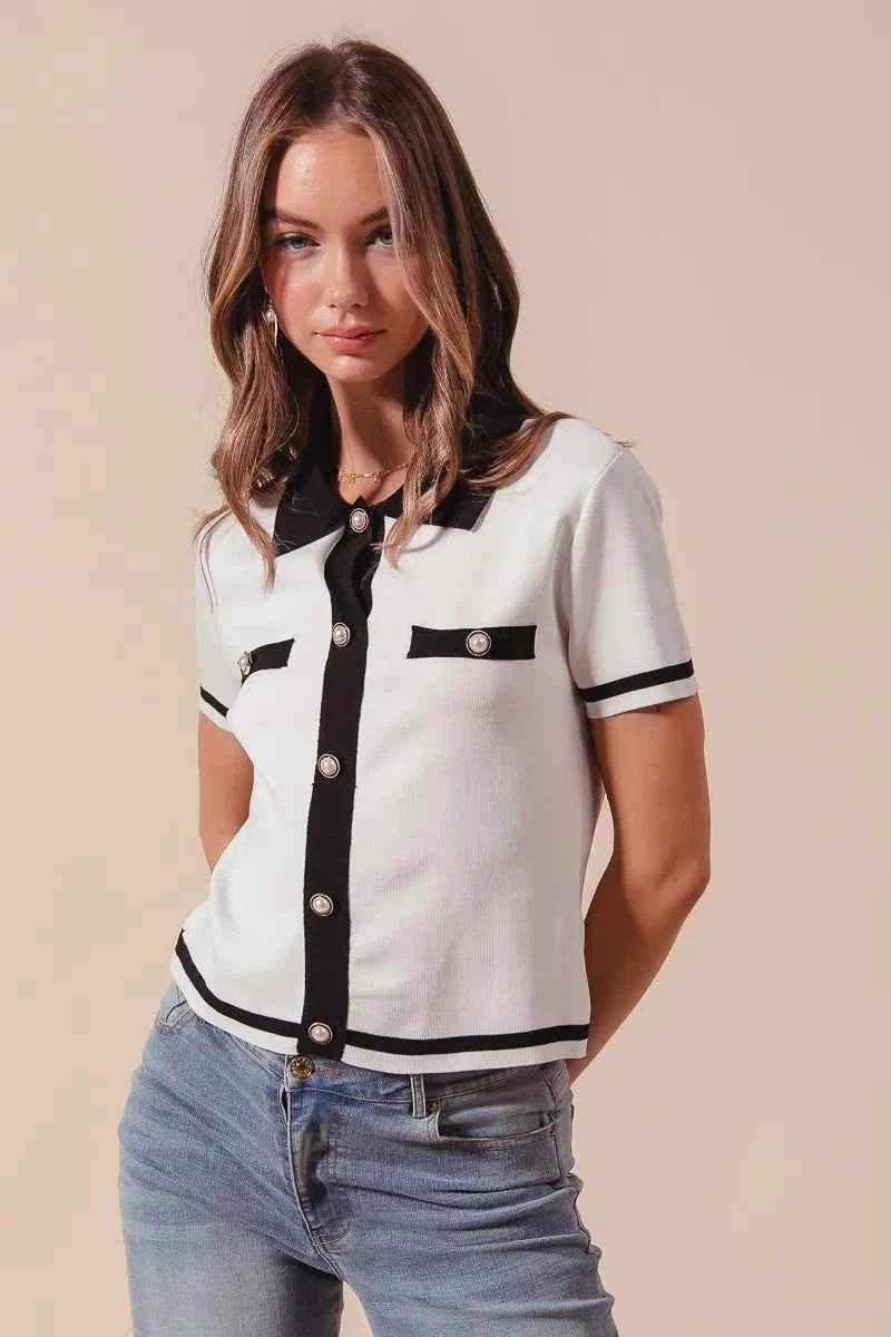 SO ME Button Down Knitted Sweater Shirt Top IVORY BLACK 98f061d484be4d4d9ad34f5e9c8fb004-Max-Origin