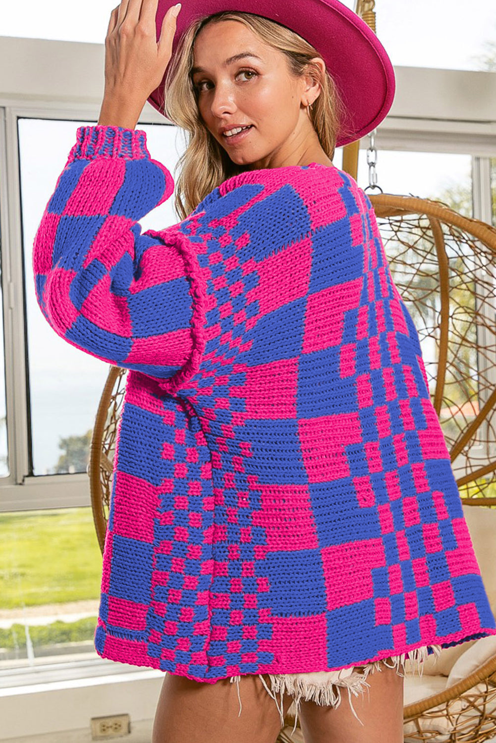 Dark Grey Colorblock Checked Loose Fit Open Front Knitted Cardigan 98f440e683176d50