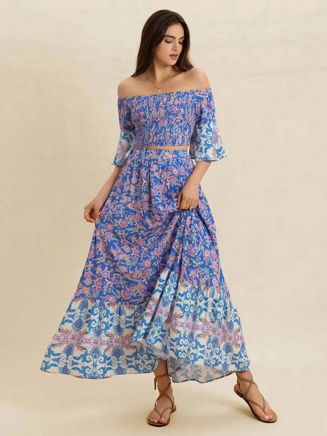 Smocked Off-Shoulder Printed Top and Skirt Set 9914dec9-53af-4d65-96fc-5079026c6606-Max-Origin