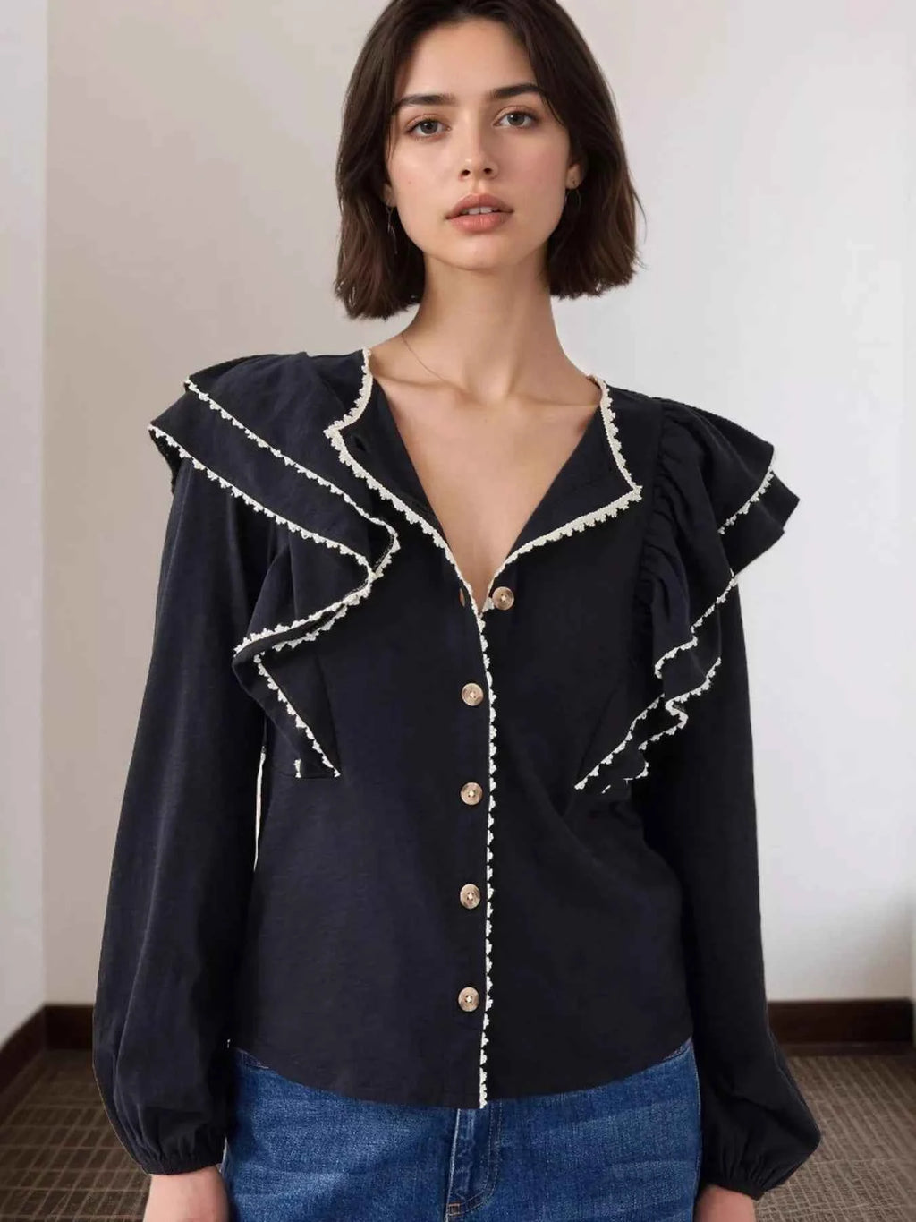 Ruffled Button Up Long Sleeve Shirt 993978c4423c41efbc895b37aeccd0fd-Max-Origin