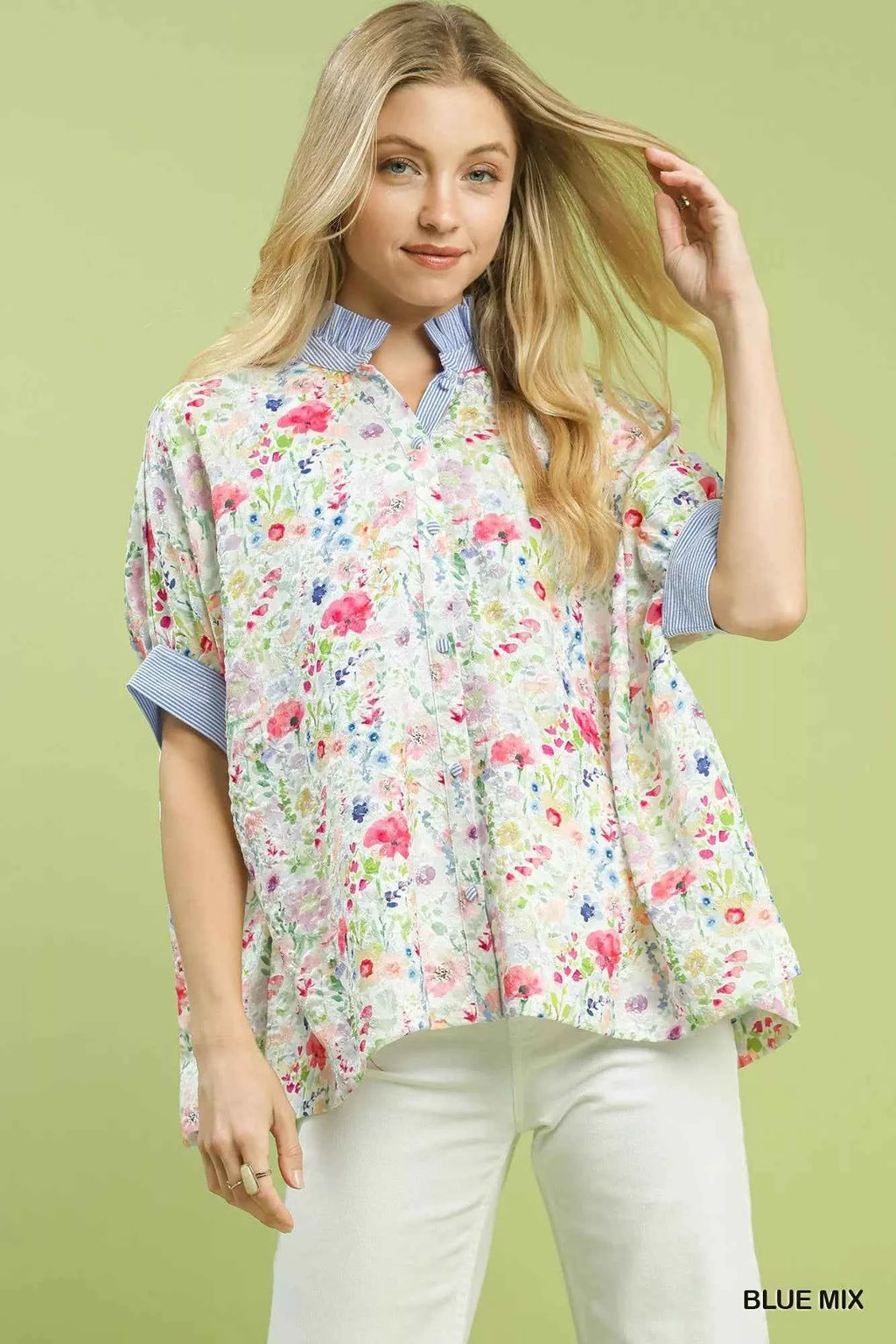 Umgee Jacquard Floral Print Button-Down Shirt BLUE MIX 9942b970-a470-4d12-af48-72fdd4e4d4af-Max-Origin
