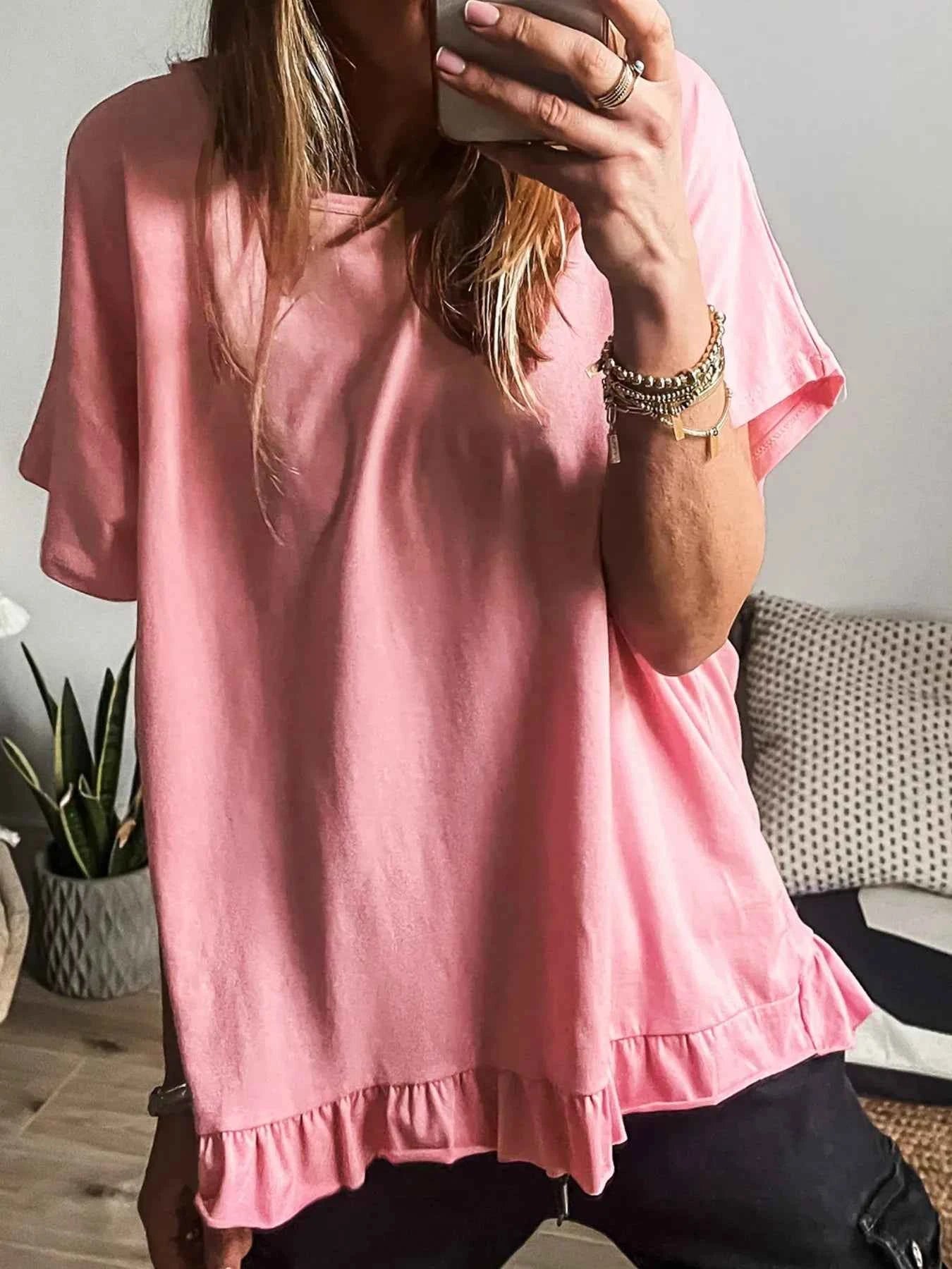 Ruffle Hem Round Neck Relaxed T-Shirt Pale Blush 99533a28-df53-4c5e-8d74-ac9f4128cd01-Max-Origin