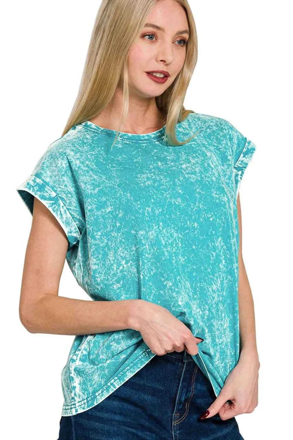Zenana Crinkle Washed Round Neck Folded Short Sleeve Tee LT TEAL 99541486-4ead-4166-8cd0-99b4bfa49b79-Max-Origin