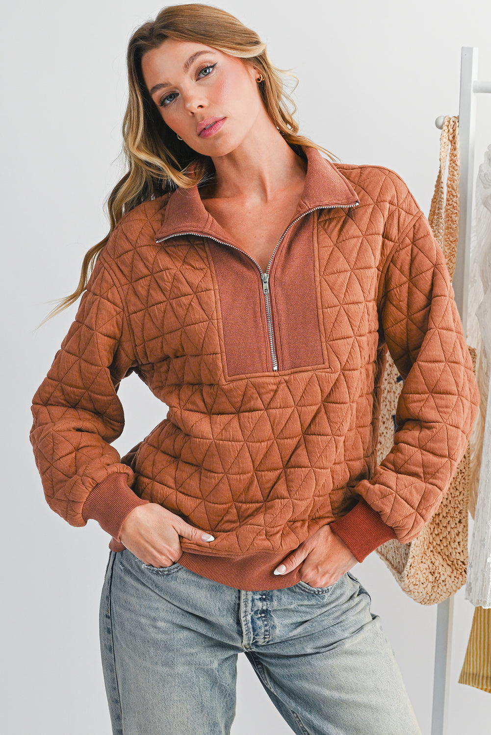 Straw Yellow Textured Zipper Neck Long Sleeve Pullover Sweatshirt 99637821ef0d74e0