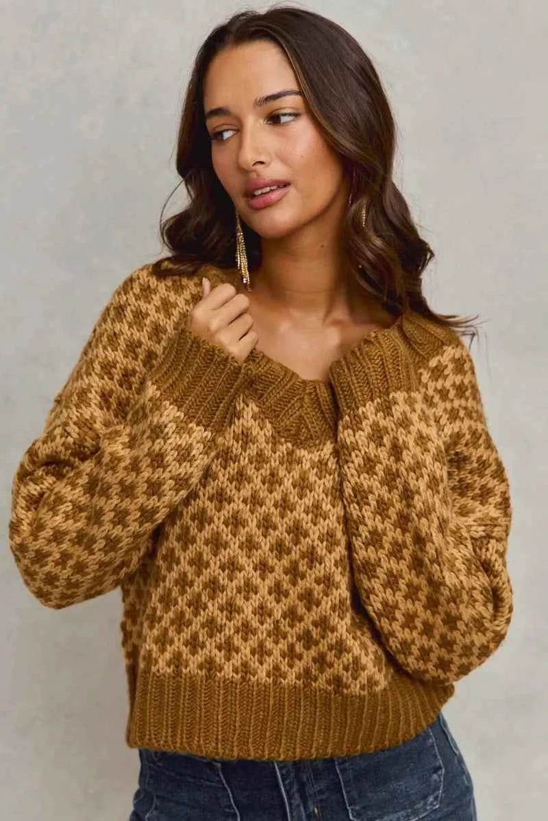 SO ME Color Block Textured Christmas Sweater V Neck Top CARAMEL BROWN 99678e0b78db45968d85d5e50ae0e96c-Max-Origin