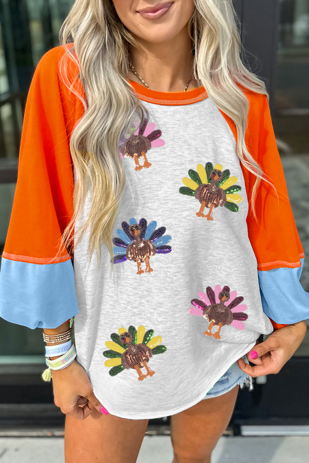Light Grey Thanksgiving Turkey Graphic Sequins Patch Color Block Raglan Sleeve Top 997f46c958518044