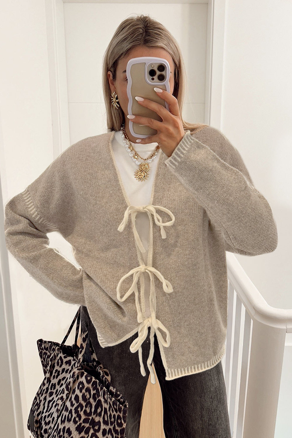 Pale Khaki Tied Front Drop Shoulder Chunky Casual Cardigan 998902d5d2d2c66c