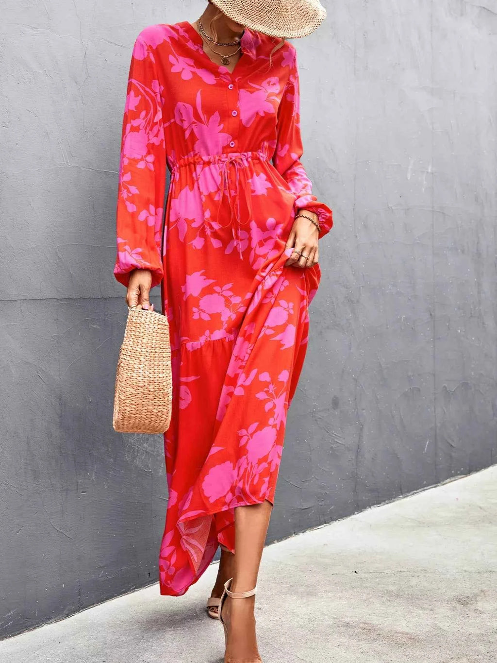 Floral Drawstring Waist Long Sleeve Maxi Dress 998bfb32-1446-44ec-a898-86155048fb59-Max-Origin