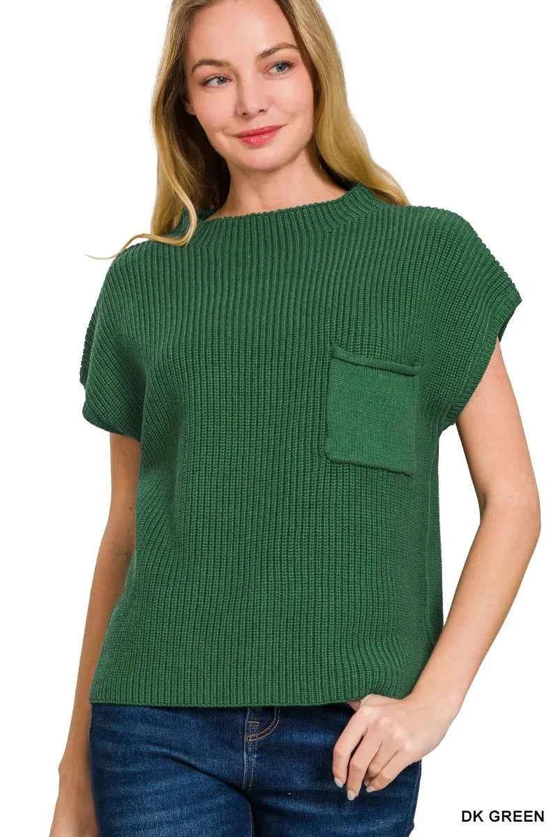 Zenana Mock Neck Short Sleeve Sweater DK GREEN 99a9eb1be3484375a608fe055070e0bb-Max-Origin