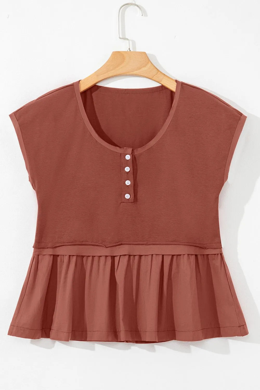 Short Sleeve U Neck Buttons Splicing Ruffle Blouse 99ad2e89-ca52-479a-95b9-56189108f18b-Max-Origin