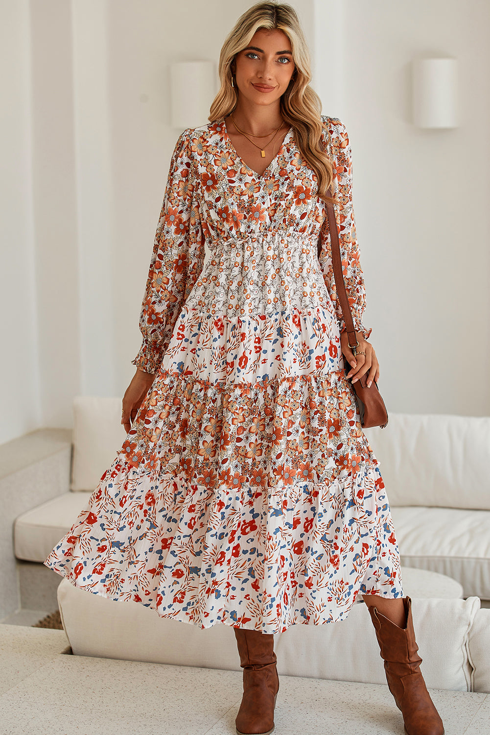 Khaki Floral Print Ruffled Tiered Long Sleeve V Neck Midi Dress Khaki 99b54dca84a6256e