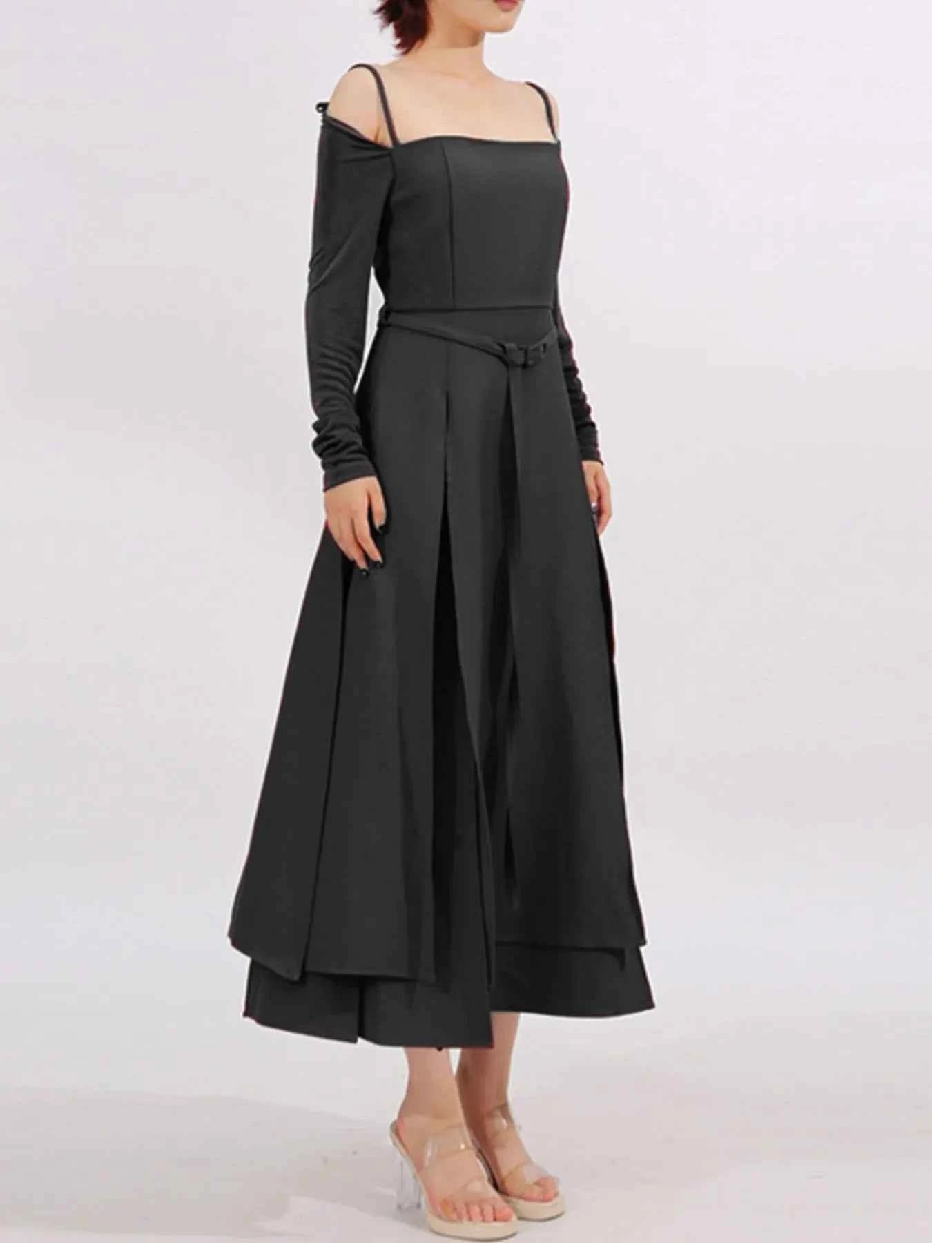 Slit Spaghetti Strap Long Sleeve Dress Black 99cda2d4-bed7-493b-96cb-aacb690365f4-Max-Origin