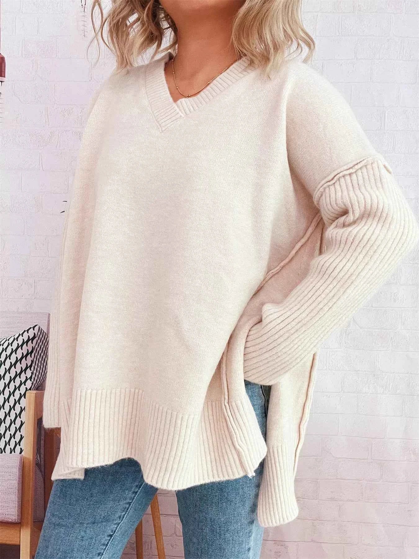 V-Neck Dropped Shoulder Sweater 99d7be885a7f463183bbf809974202b4-Max-Origin
