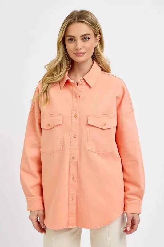 RISEN Full Size Button Down Long Sleeve Denim Shacket with Chest Pockets Plus Size Watermelon pink 99e0ad3c-bb2e-4f41-9dee-c6157beb5e85-Max