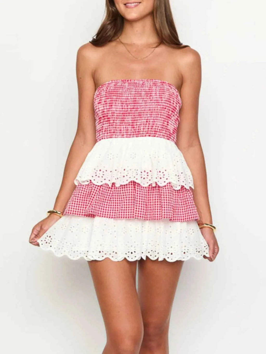 Eyelet Gingham Ruffle Layered Tube Dress 99e14aa0-011c-4bbe-bdf0-75ca4858e014-Max-Origin