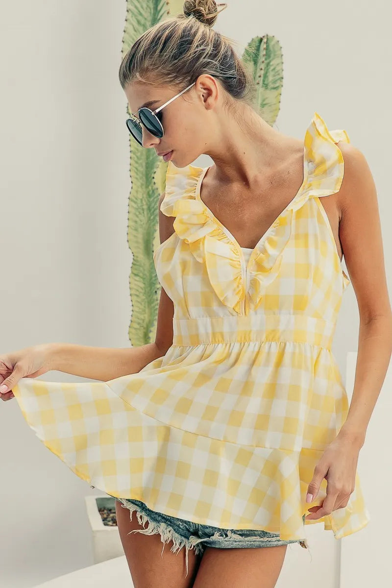 BiBi Ruffled Neckline Sleeveless Check Plaid Peplum Top 99e1f3c08ced45299b5e330342fa4769-Max-Origin