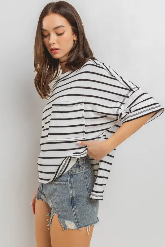 Ces Femme Side Slit Striped Round Neck Half Sleeve T-Shirt 99e27094-a537-4977-954e-9a91d1b3f1bc-Max