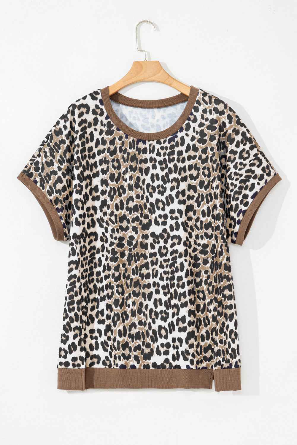 Khaki Leopard Contrast Trim Short Sleeve Loose Plus Size Top 99e5485e99f9bc80