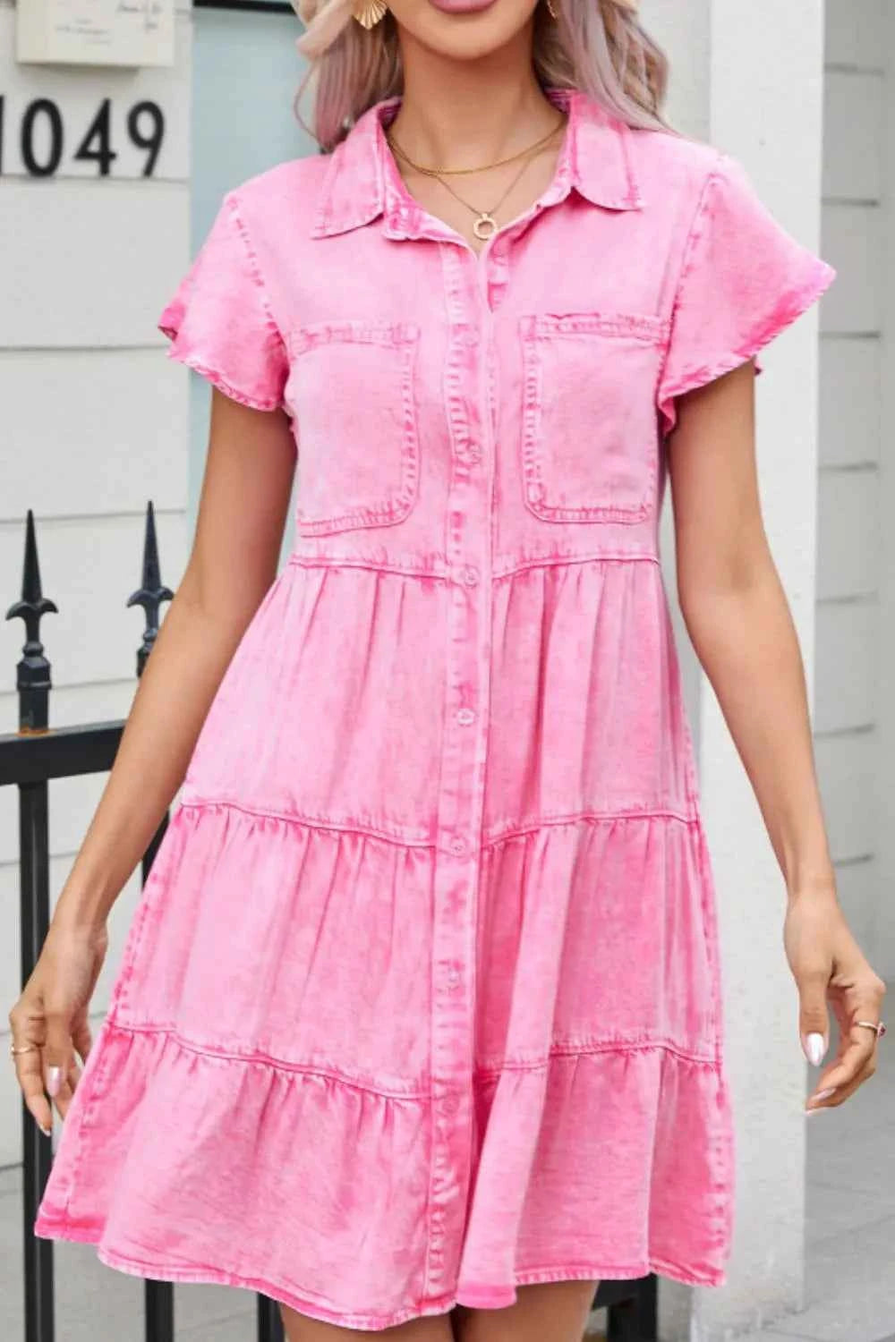 Collared Neck Button Down Mini Denim Dress Pink 99ea3356-82c8-4d99-8319-66a9fede751f-Max