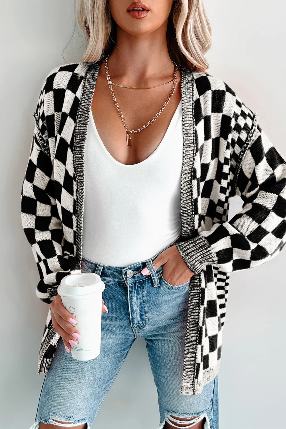 Orange Checkered Open Front Drop Shoulder Cardigan Black 55%Acrylic+45%Cotton 99f0a9eef6c86dcc