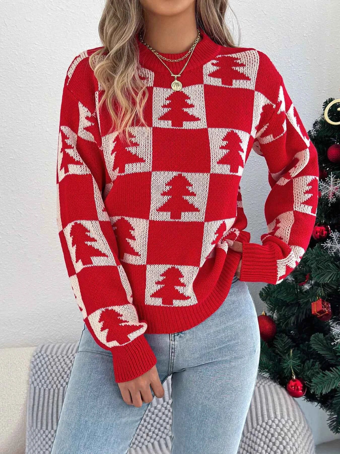 Christmas Tree Checkerboard Pattern Sweater 9a15a28446534ea994a533fab33808c2-Max-Origin
