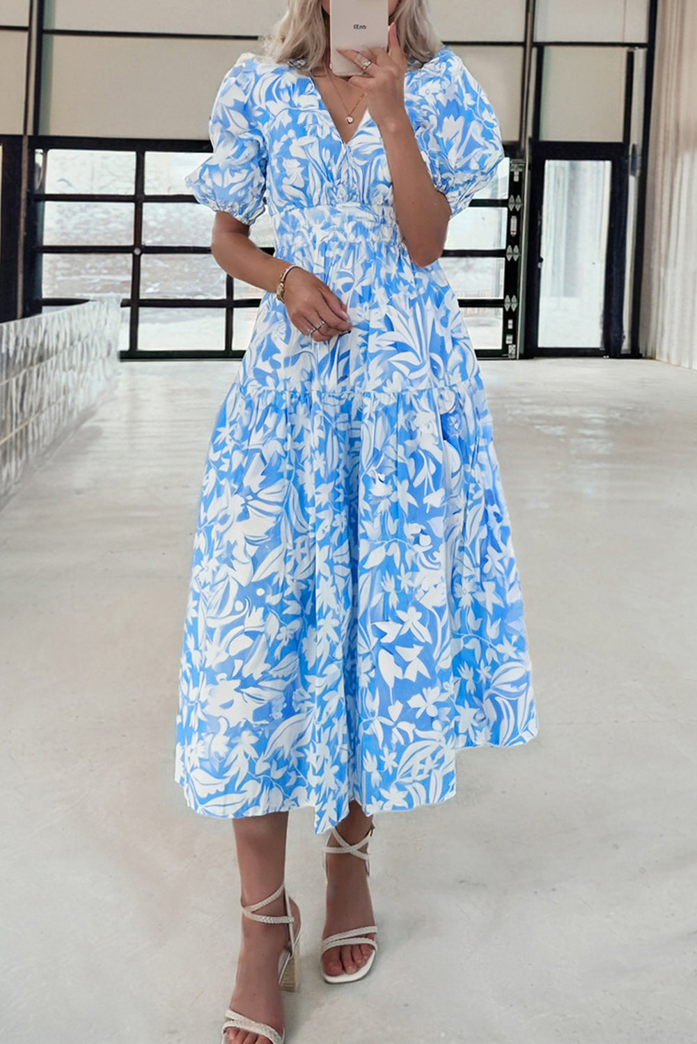 Sky Blue Floral Print Deep V Neck Puff Sleeve Flowy Dress Sky Blue 9a2e5e4dee0f4656