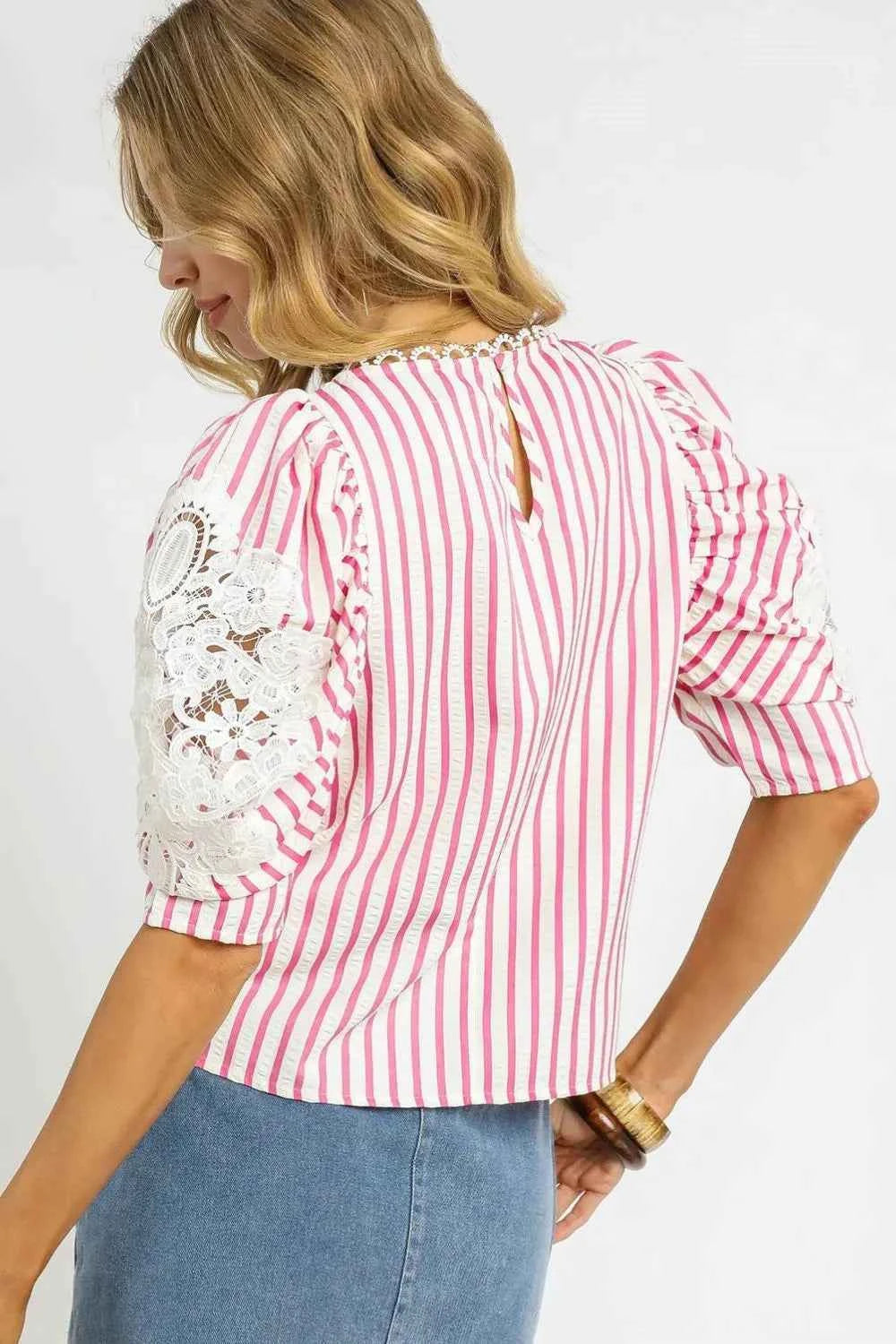 Umgee Striped Lace Puff Sleeve Blouse 9a4123a4-1245-4bbd-afcd-a735b373912b-Max-Origin